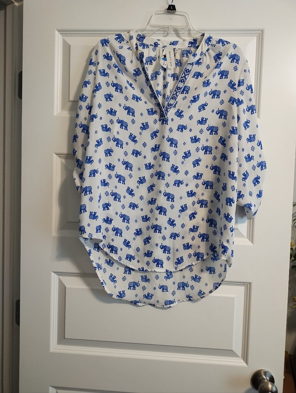 Society Girl Women's White Blouse with Blue Elephant Print
